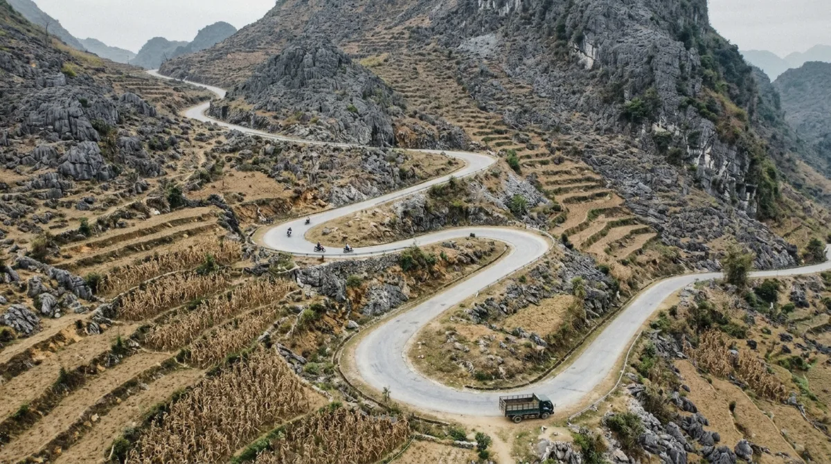 The zigzag switchbacks of Tham Ma Pass on the Dong Van karst plateau, covered on a Ha Giang loop 2 day tour in northern Vietnam